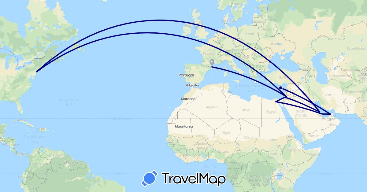 TravelMap itinerary: driving in United Arab Emirates, Bahrain, Cyprus, Egypt, Spain, Israel, Jordan, Qatar, United States (Africa, Asia, Europe, North America)